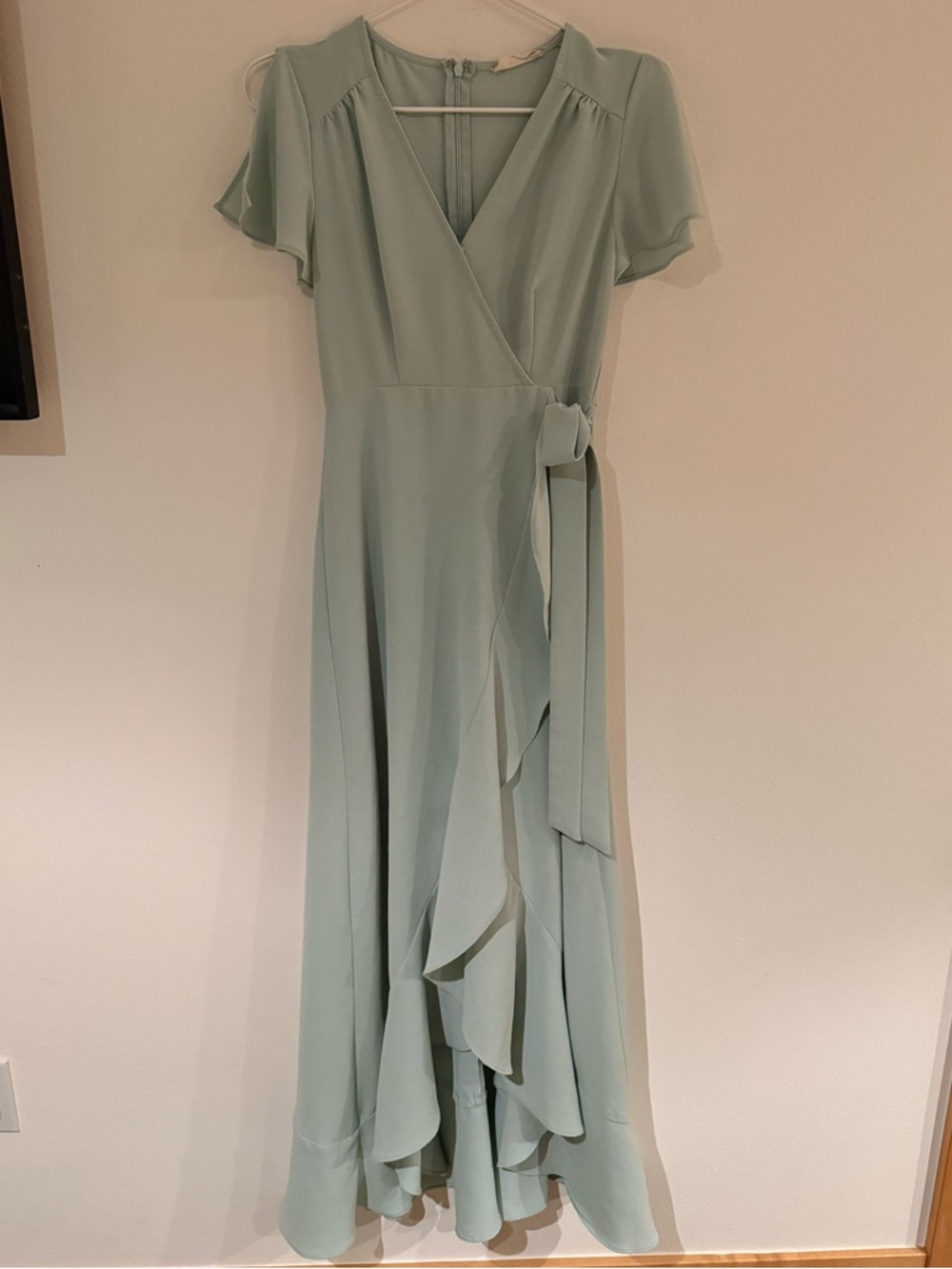 Altar’d State Sage Green Wrap Maxi Midi Dress XS Ruffle Hem Flutter Sleeve